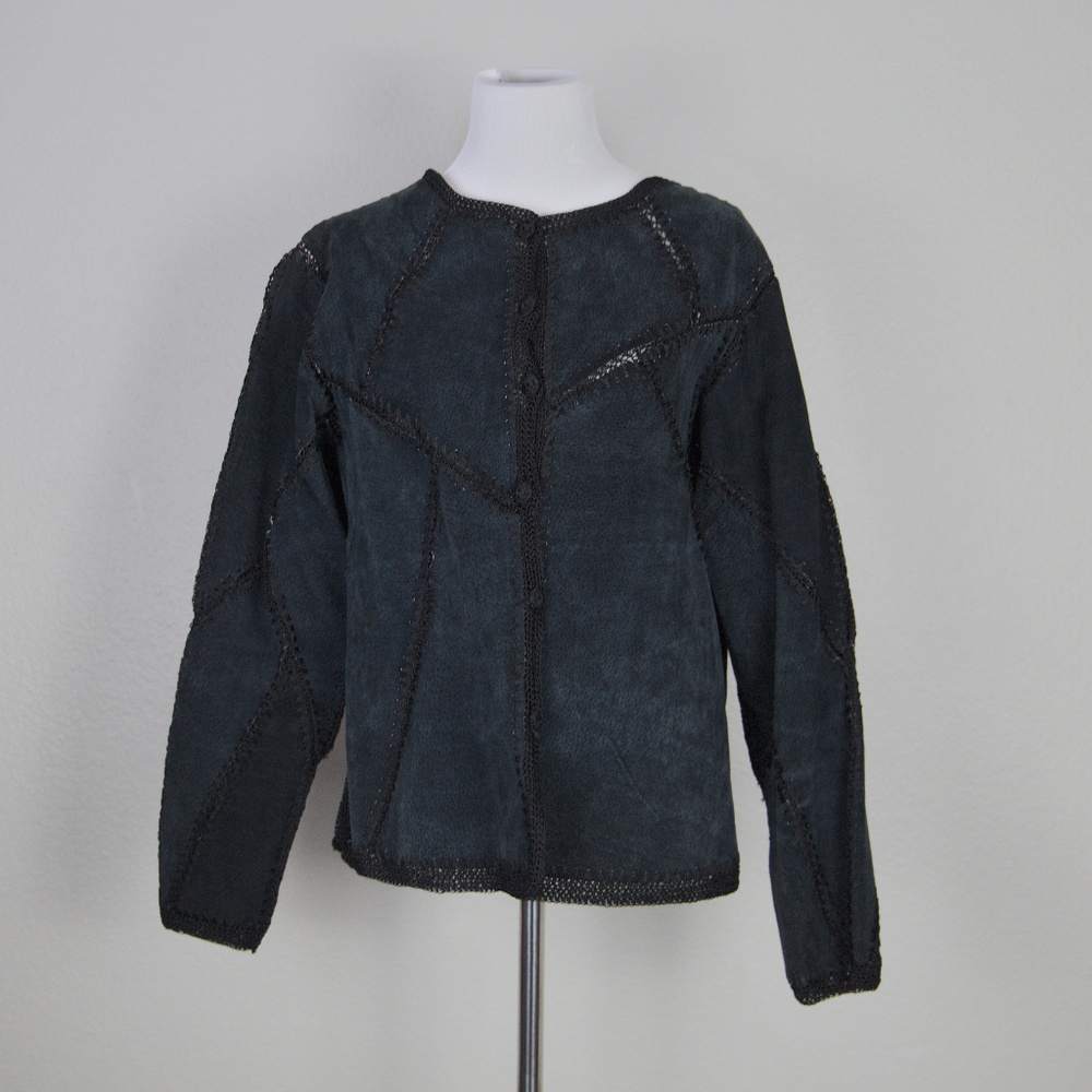 Leather Suede Patchwork Jacket Crochet Knit - image 2